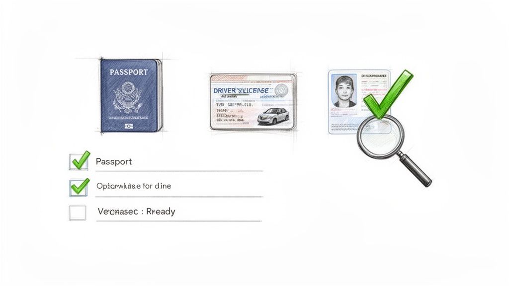 Illustrations of a passport, driver's license, and ID card with a checklist for verification.