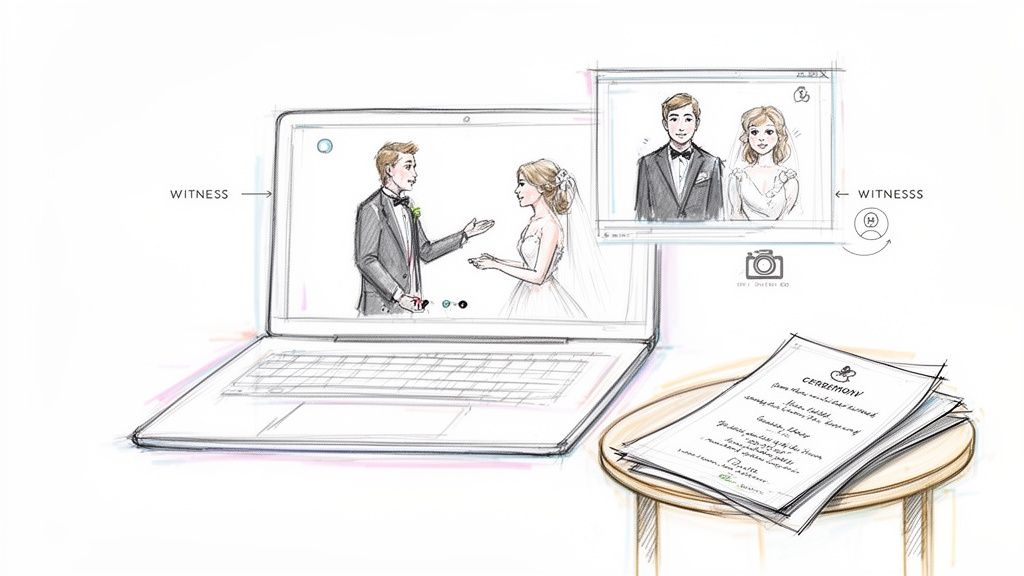 An illustration depicting a virtual wedding ceremony on a laptop screen, with the couple and remote witnesses.