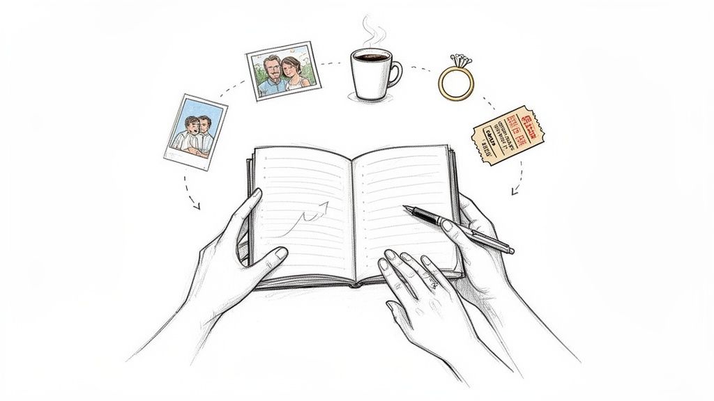 Hands holding an open journal with a pen, surrounded by photos, coffee, a wedding ring, and a ticket, symbolizing life memories or planning.