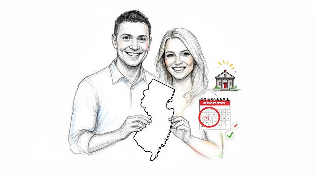 A smiling couple, drawn in sketch style, holding a New Jersey map outline, with a registry office and calendar.