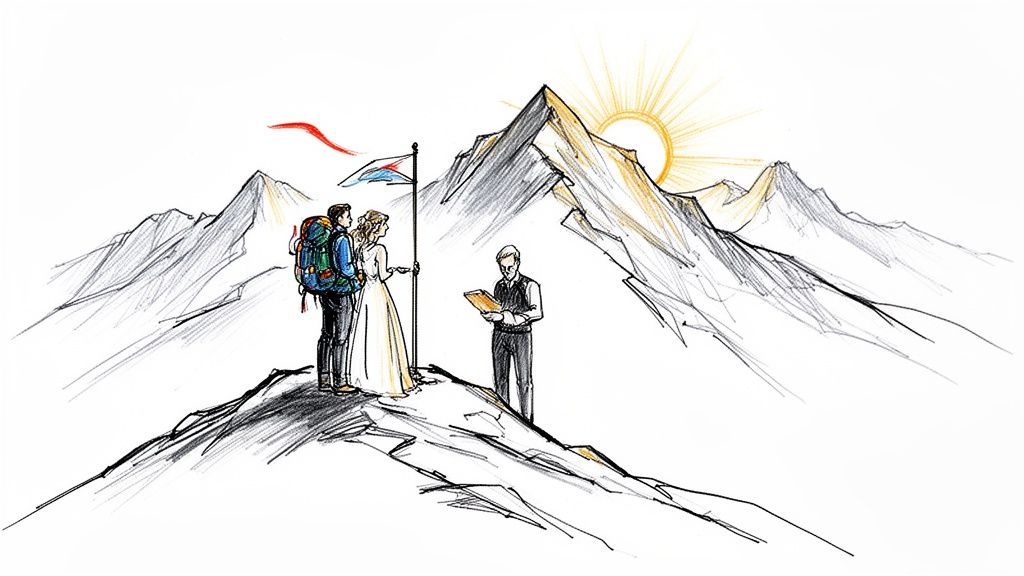 A couple getting married on a mountain peak with an officiant, a flag, and the rising sun.