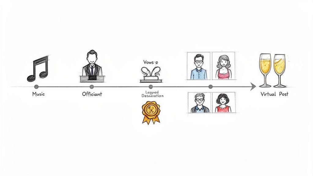 A sketched timeline illustrating the steps of a virtual wedding ceremony, including music, officiant, vows, and virtual post-celebration with champagne.