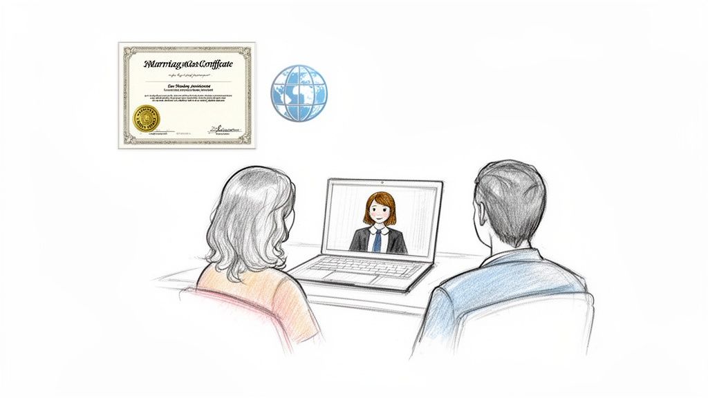 Illustration of a couple on a video call for marriage consultation, with a certificate and globe icon.