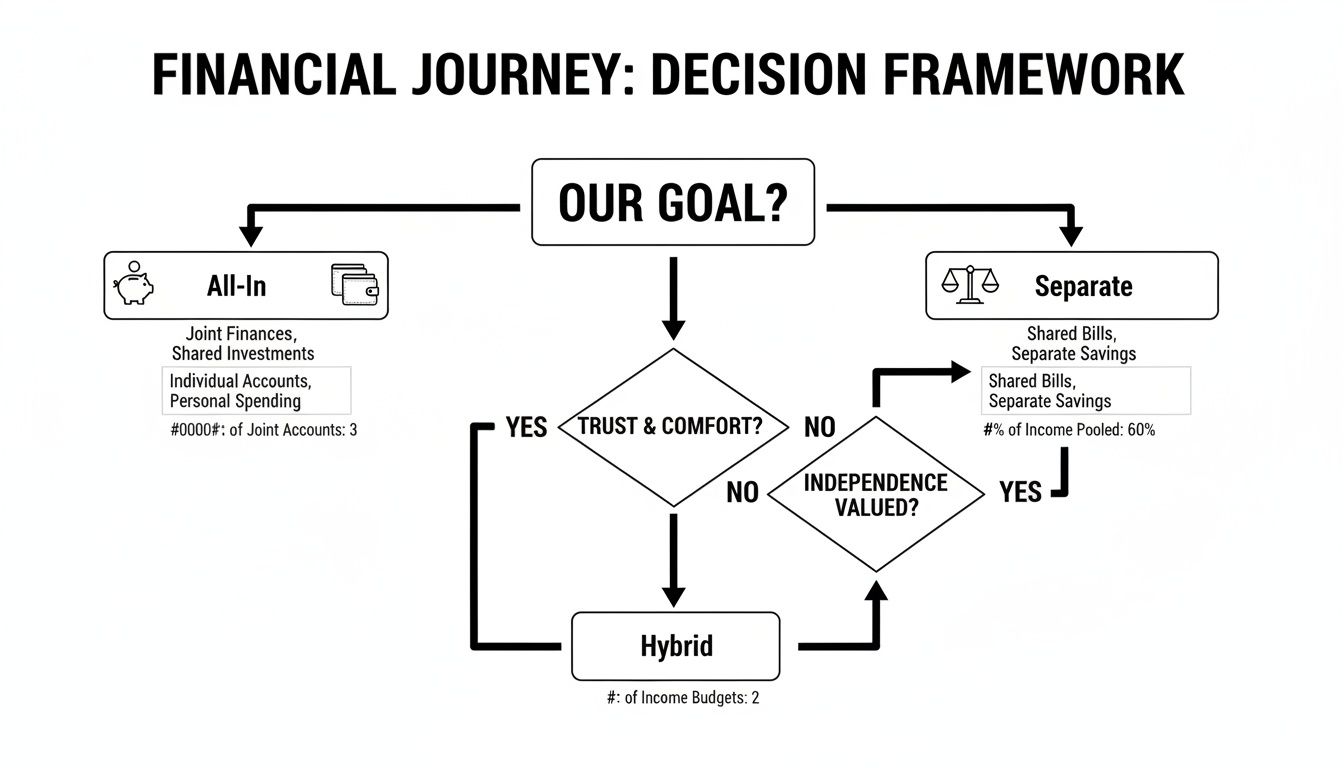 A financial decision framework flowchart outlining options for managing finances: All-In, Separate, and Hybrid.