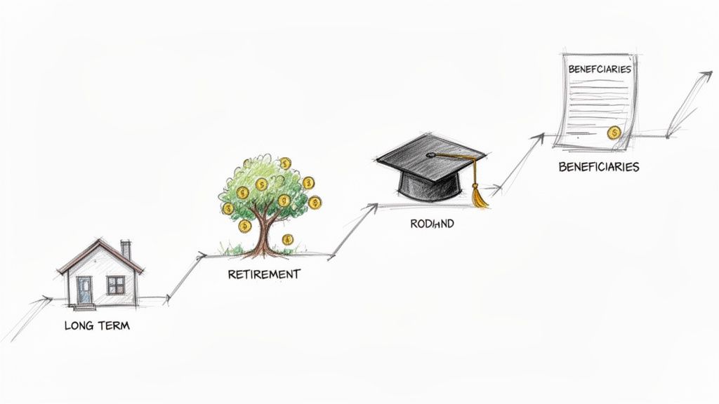A sketch illustrating financial planning stages: long term housing, retirement, education, and beneficiaries.