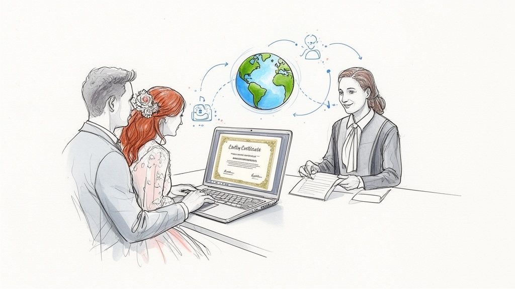 A couple reviews their marriage certificate on a laptop with a smiling officiant.