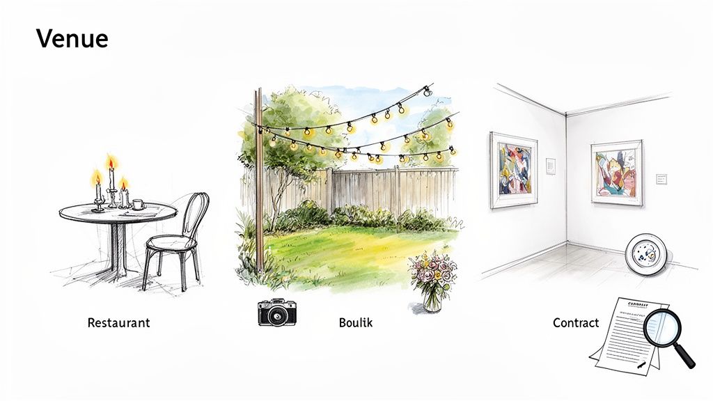 Sketches of various event venue options, including a restaurant, an outdoor garden, and an art gallery.
