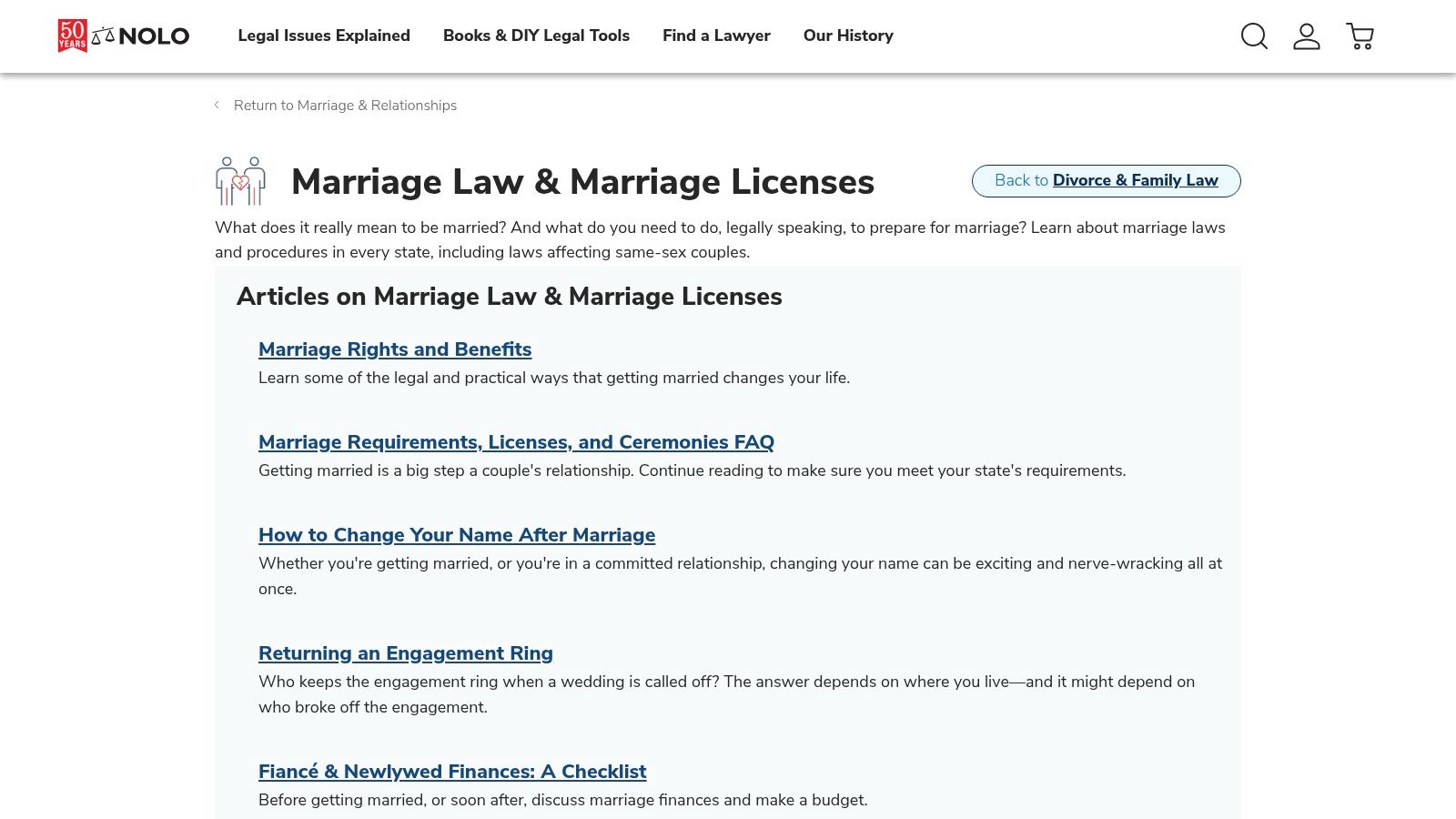 Nolo website page showing a map of the U.S. for marriage law information