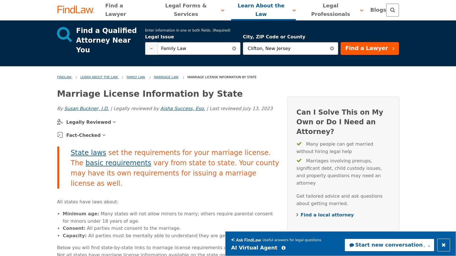 FindLaw's state-by-state directory for marriage license laws