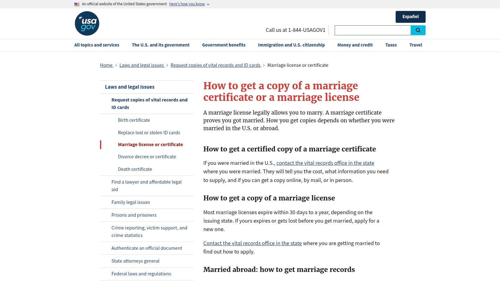 Official U.S. government website page for marriage certificate and license information