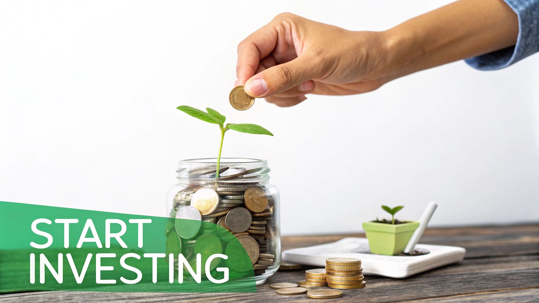 A hand puts a coin into a glass jar with a growing plant, symbolizing financial investment and growth.