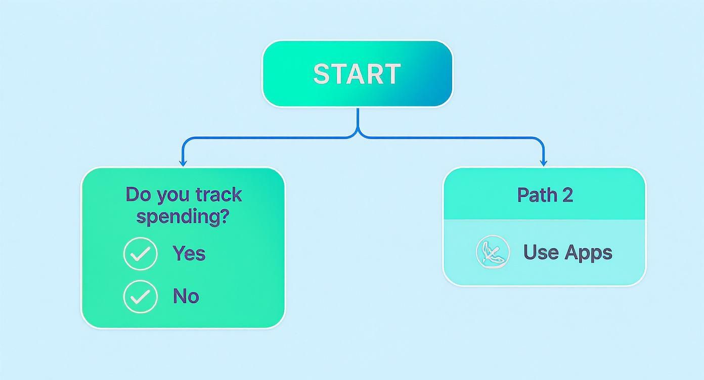 A flowchart showing 'Start' branching into a question 'Do you track spending?' and 'Path 2: Use Apps'.