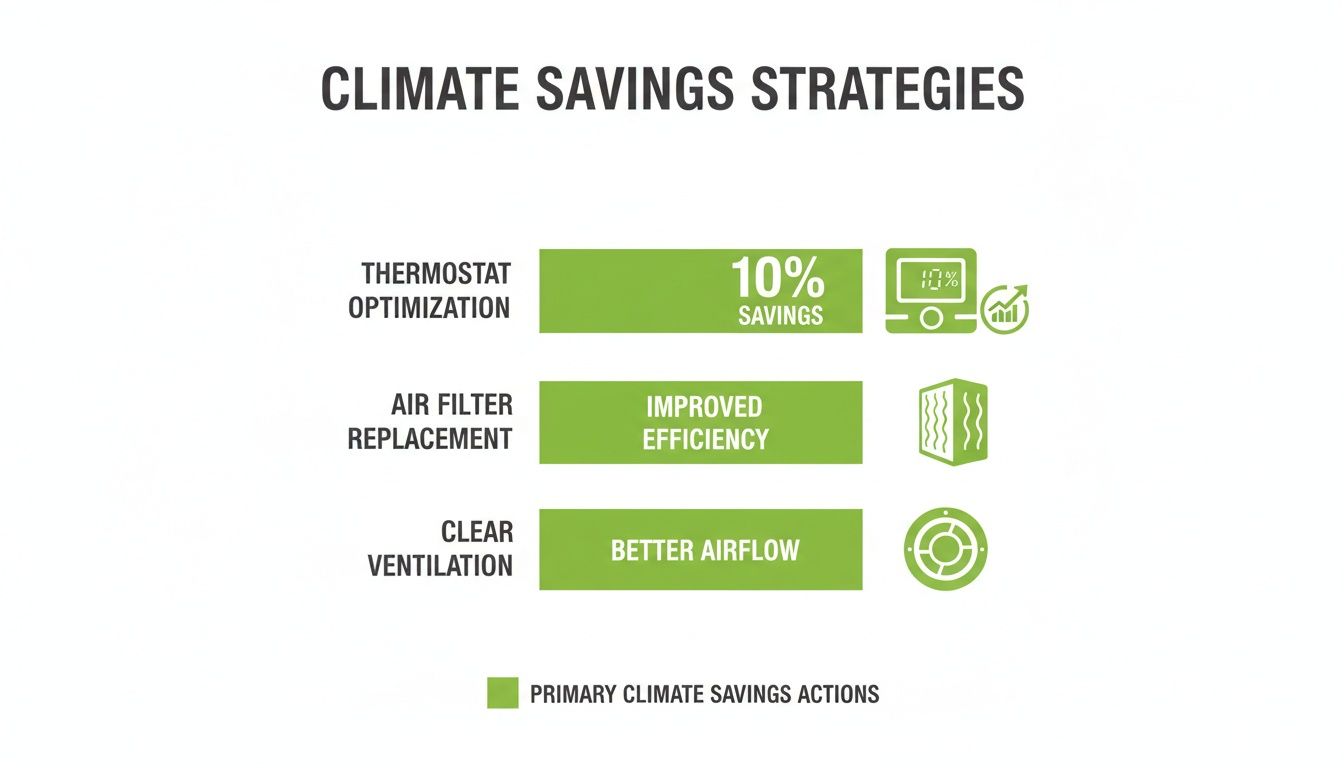 Infographic outlining climate savings strategies: thermostat optimization, air filter replacement, and clear ventilation for improved efficiency.