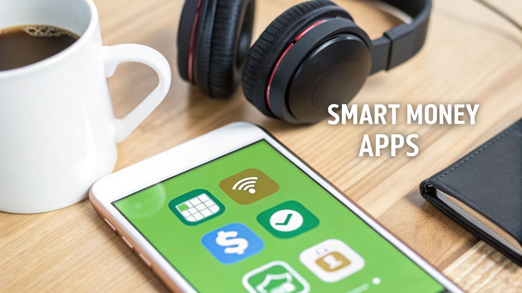 A flat lay of a smartphone showing smart money apps, headphones, coffee, and a wallet on a wooden table.