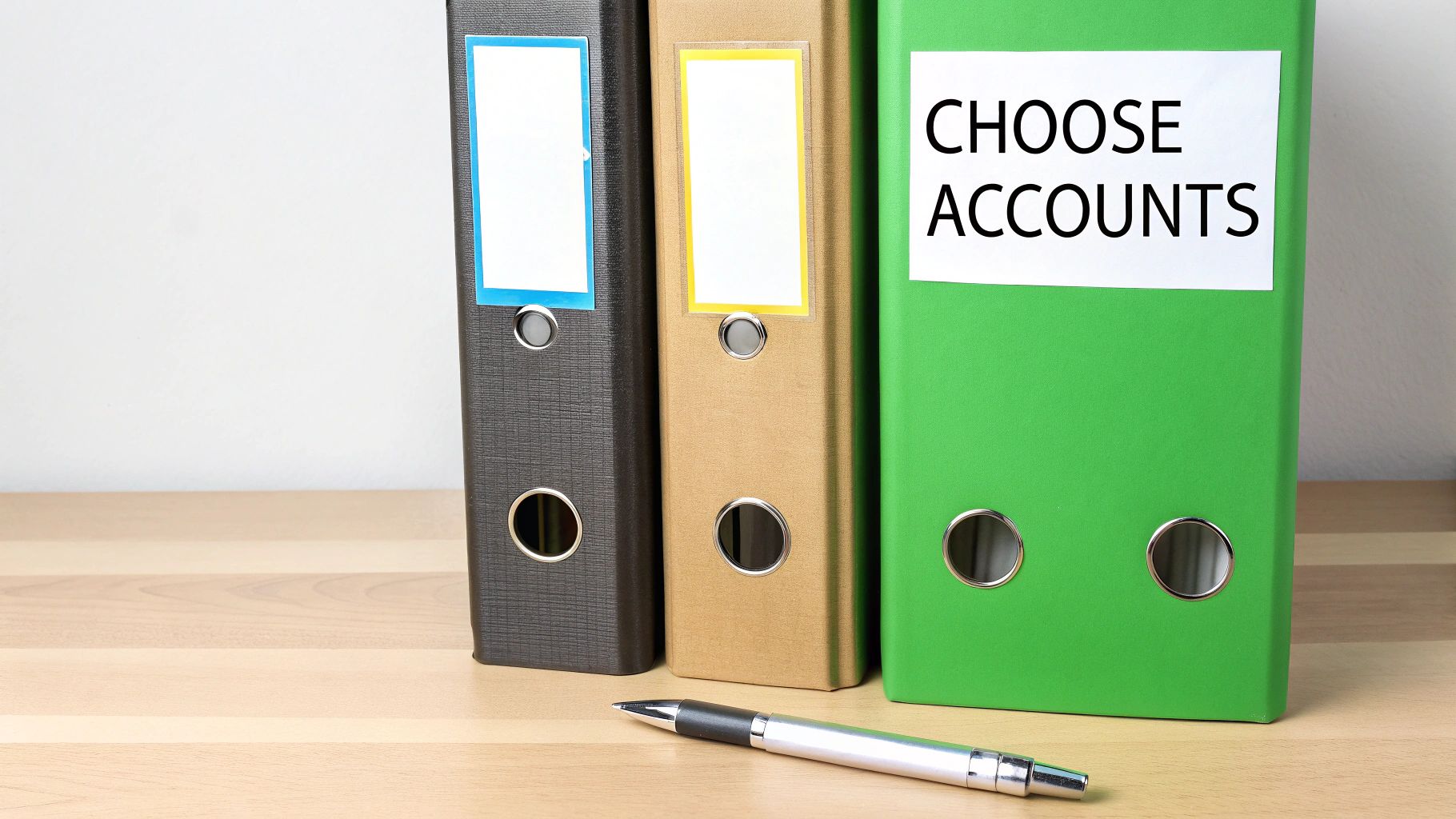 Three office binders in gray, brown, and green, with a pen on a wooden desk. Green binder is labeled "CHOOSE ACCOUNTS."