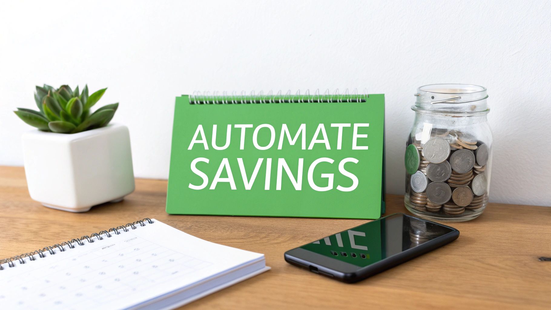 A smartphone screen showing a banking app with separate savings 'pots' for different financial goals like 'Vacation' and 'New Car'.