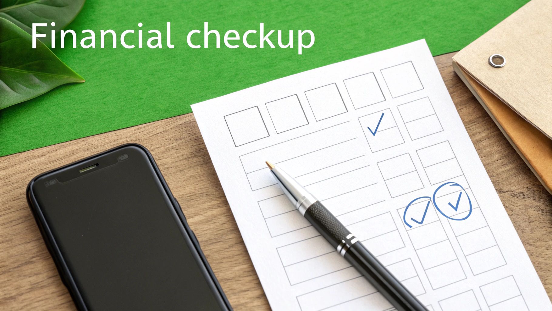 Overhead view of a desk with 'Financial checkup' text, a phone, pen, and a checklist with items checked.
