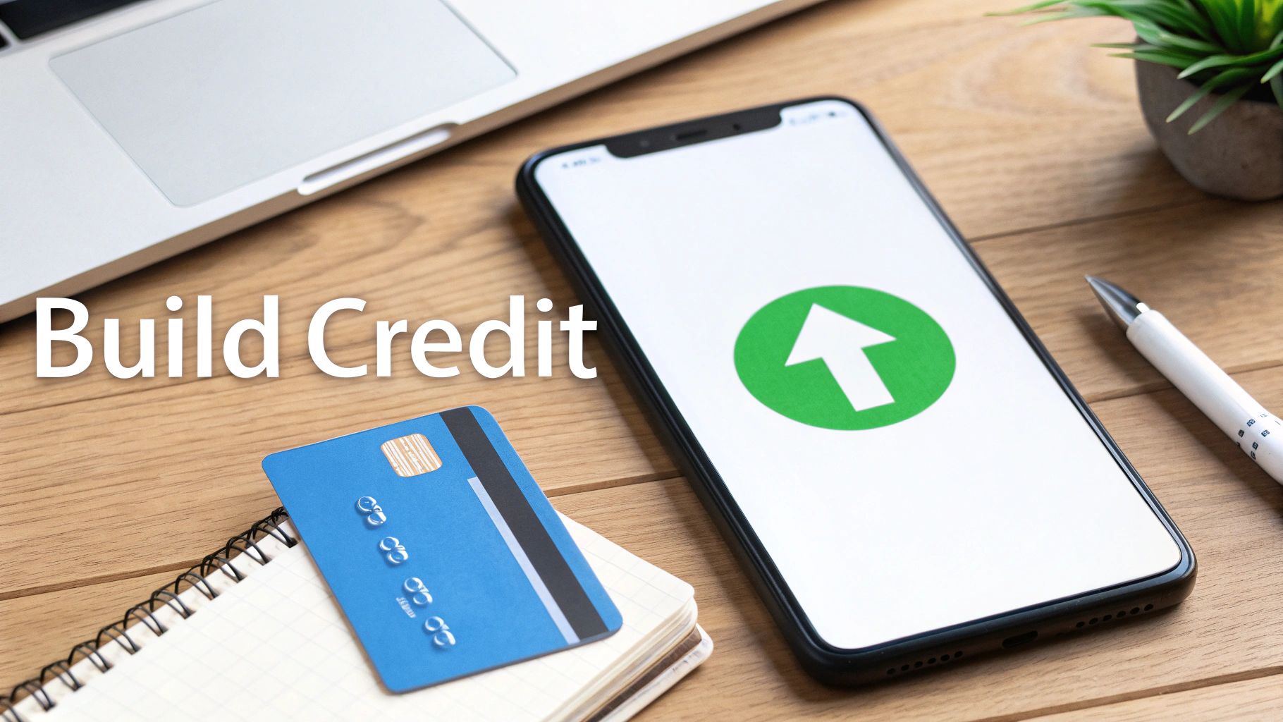 White text 'Build Credit' on a desk with a credit card and smartphone displaying an upward arrow.
