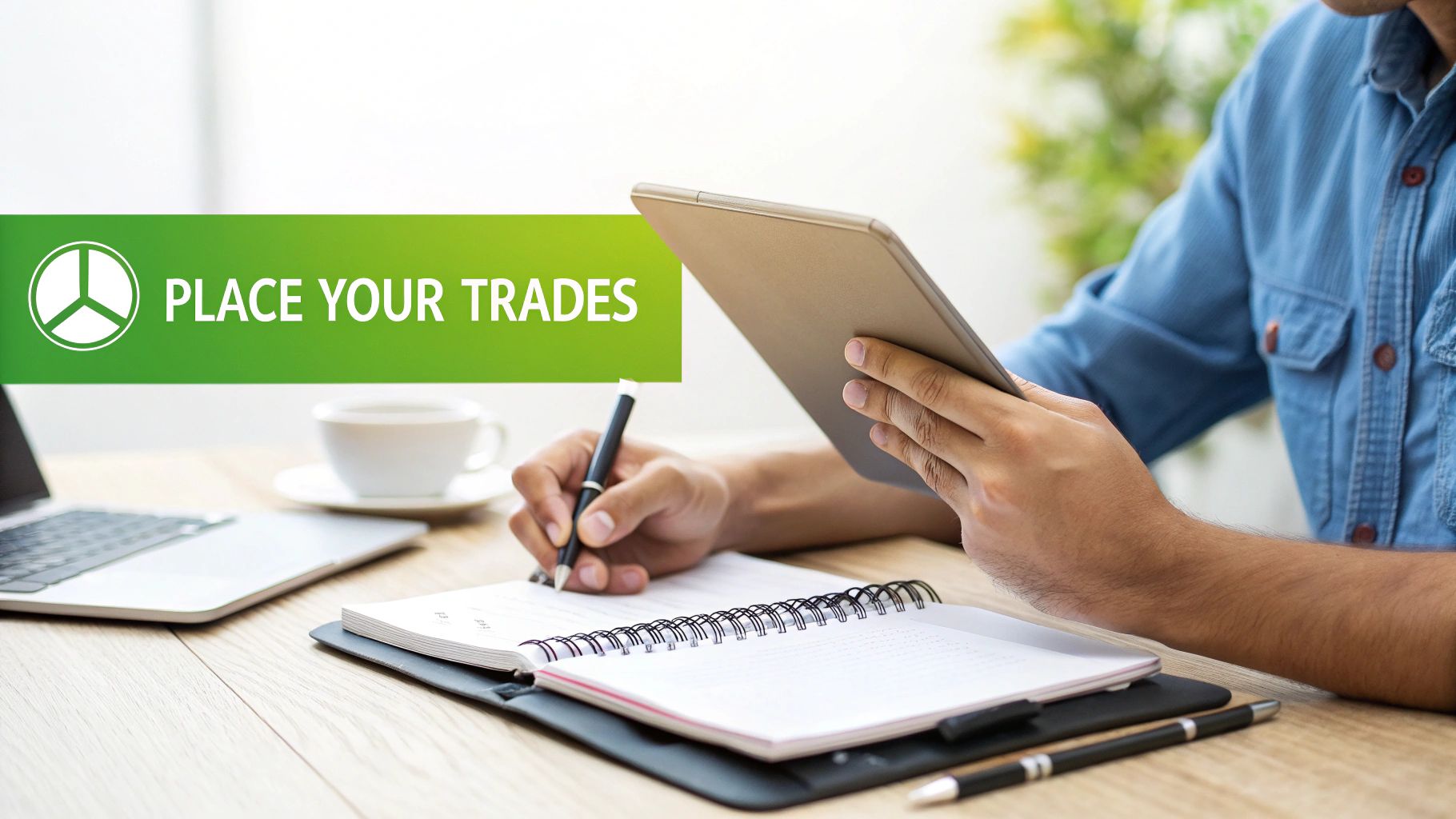 A person at a desk holding a tablet and writing, with a 'PLACE YOUR TRADES' banner.