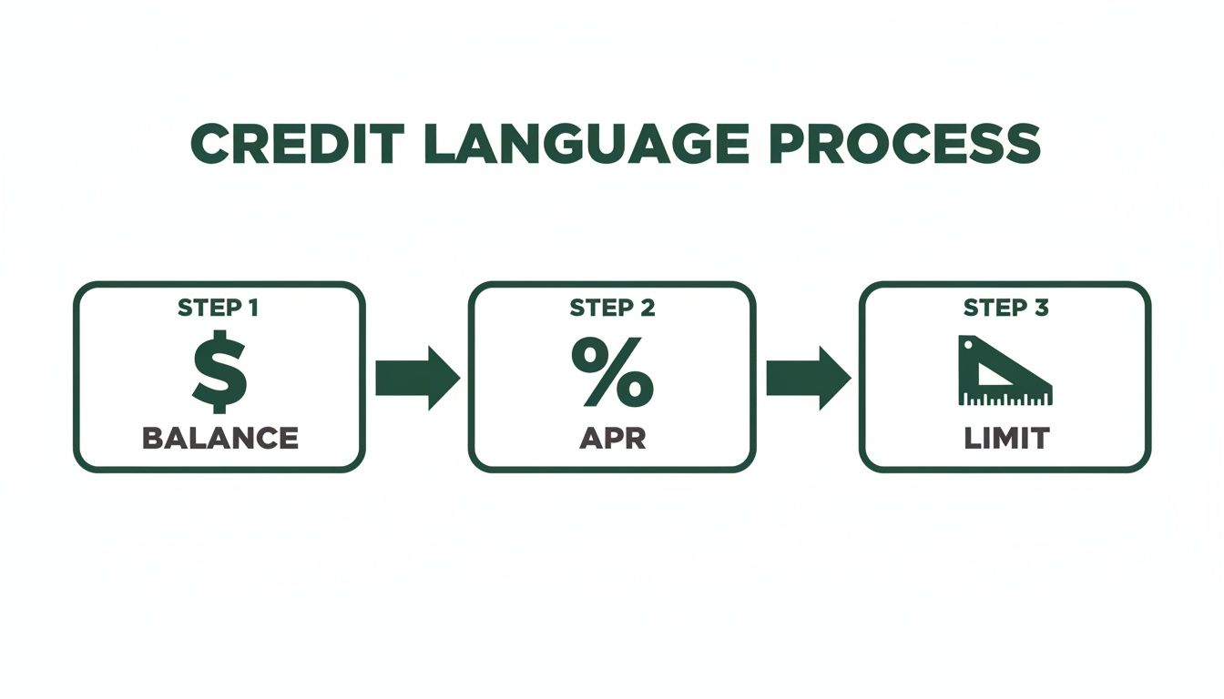 Flowchart illustrating the credit language process: Balance (Step 1), APR (Step 2), and Limit (Step 3).