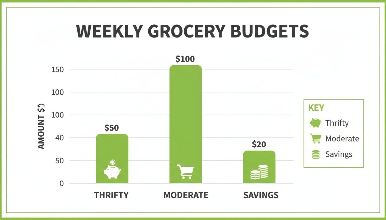 Bar chart comparing weekly grocery budgets: Thrifty at $50, Moderate at $100, and Savings at $20.