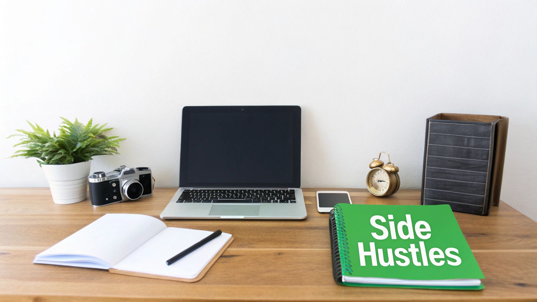 A well-organized wooden desk with a laptop, plant, vintage camera, and 'Side Hustles' binder.