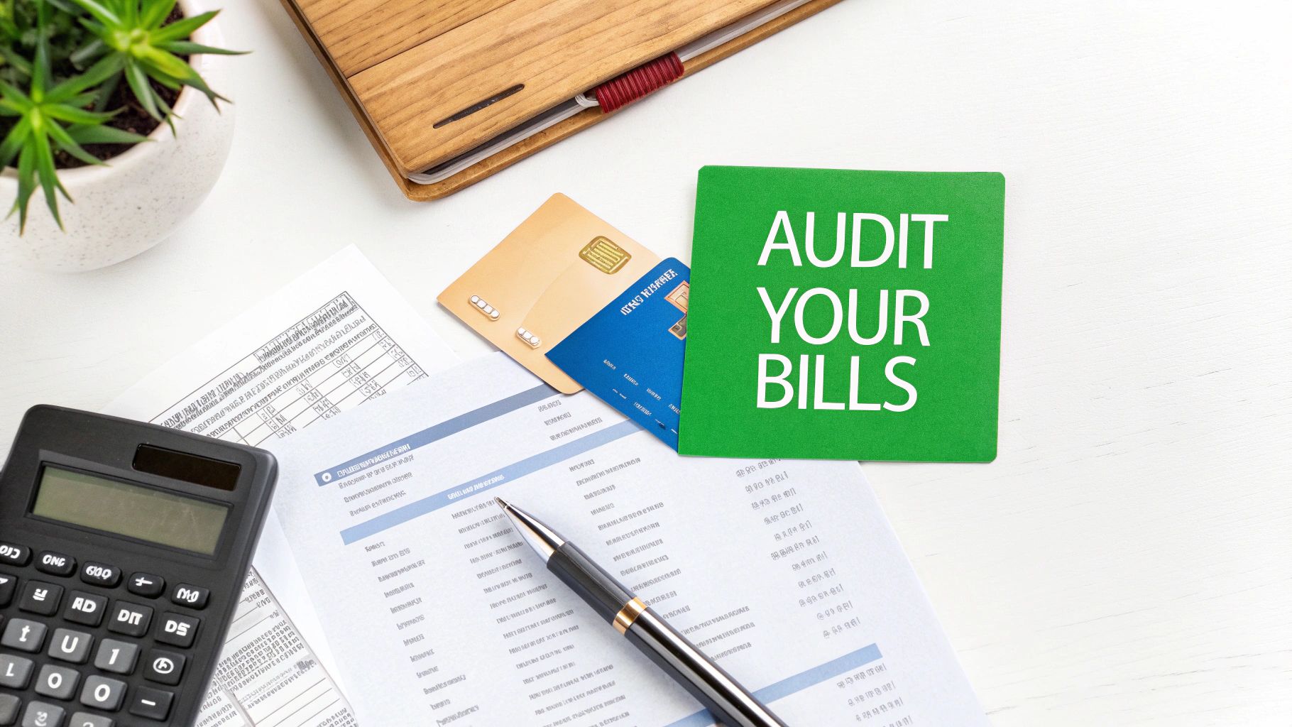 Desktop with calculator, bills, credit cards and green audit your bills note for budgeting