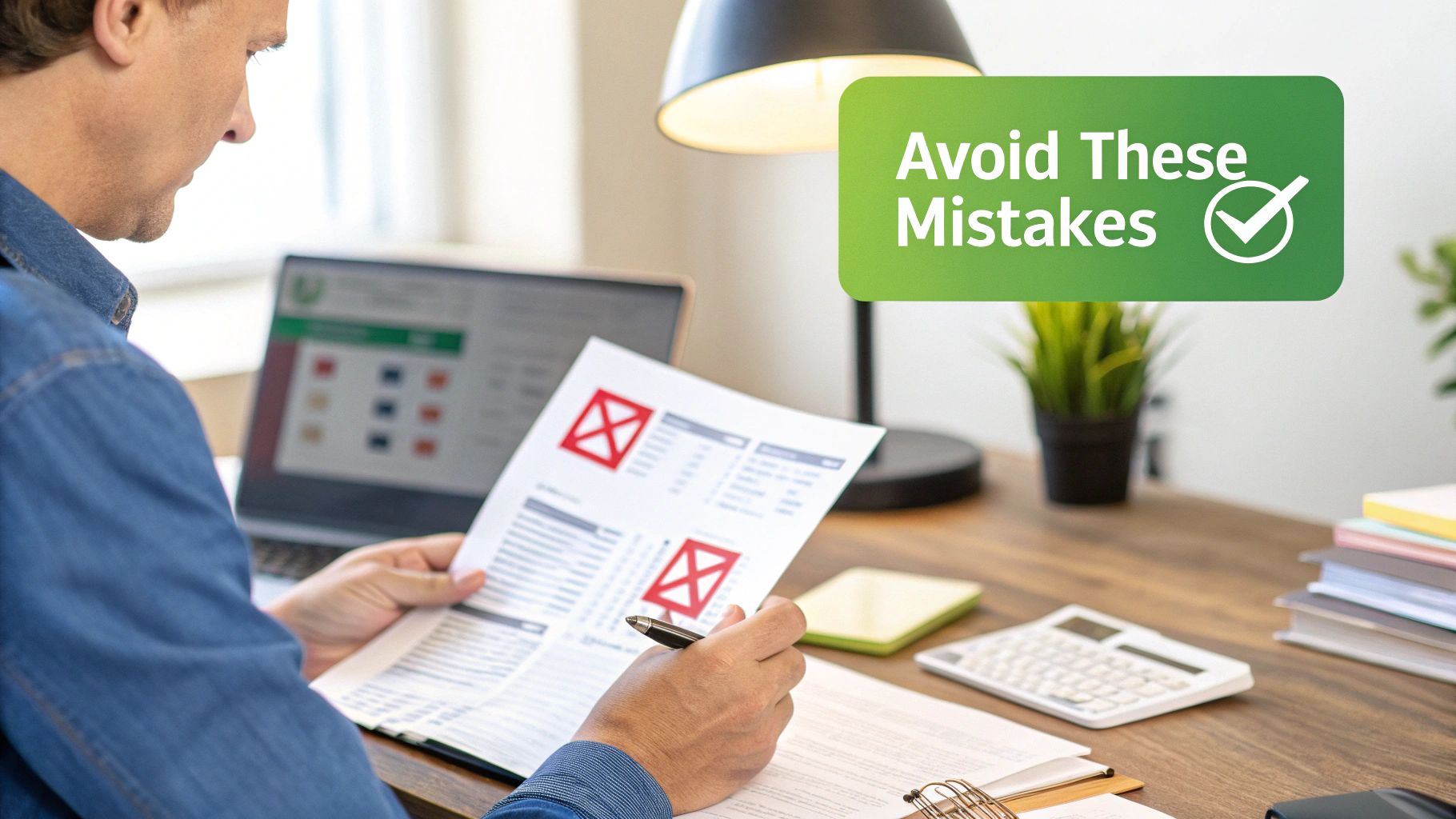 A man reviews a document marked with red 'X's, suggesting mistakes, at a desk with a laptop and calculator.