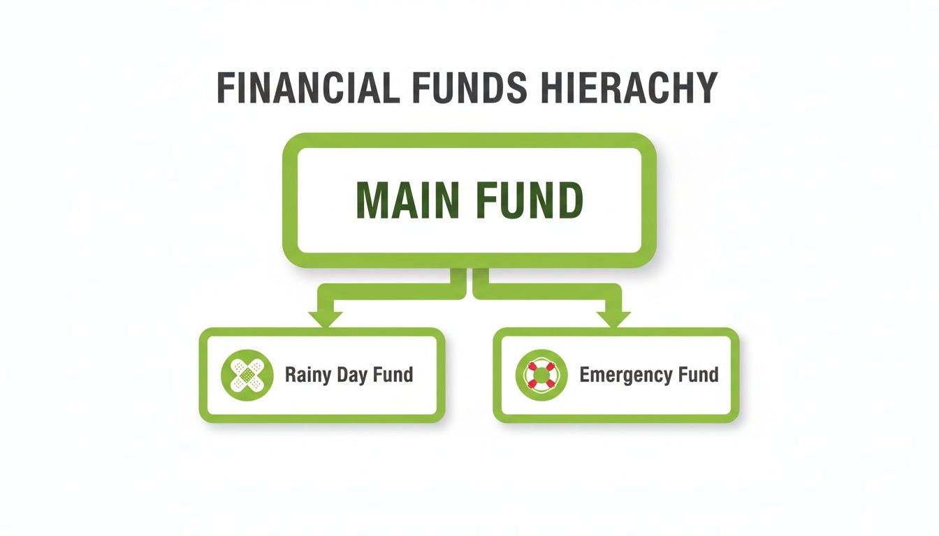 A financial funds hierarchy diagram illustrating a main fund leading to a rainy day fund and an emergency fund.