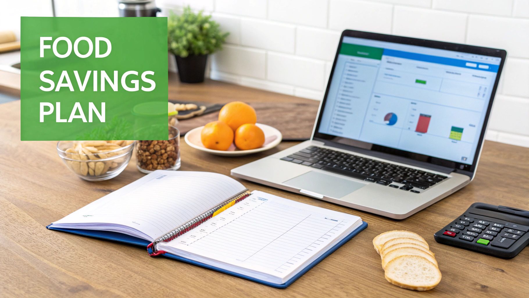 A desk setup with a laptop showing financial charts, an open planner, and snacks, featuring a 'FOOD SAVINGS PLAN' overlay.