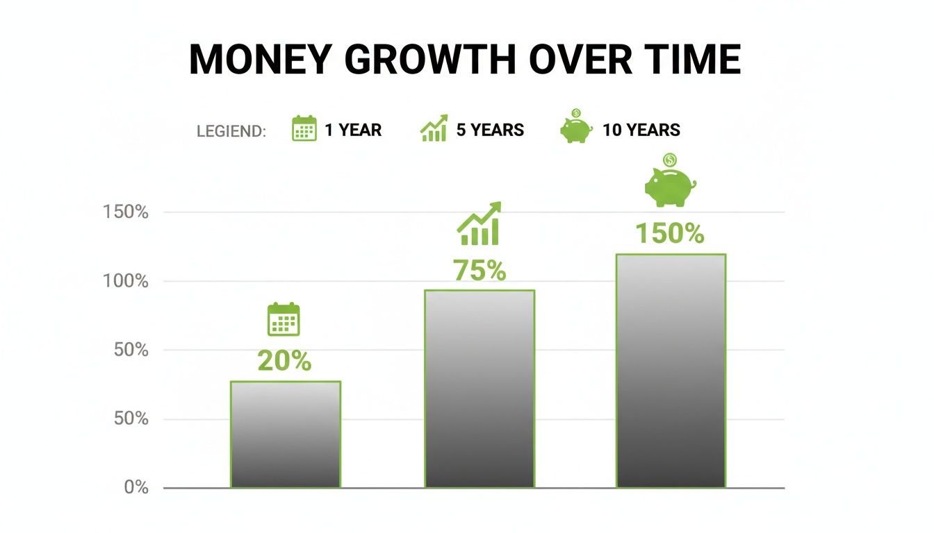 Bar chart illustrating money growth over time: 20% in 1 year, 75% in 5 years, and 150% in 10 years.