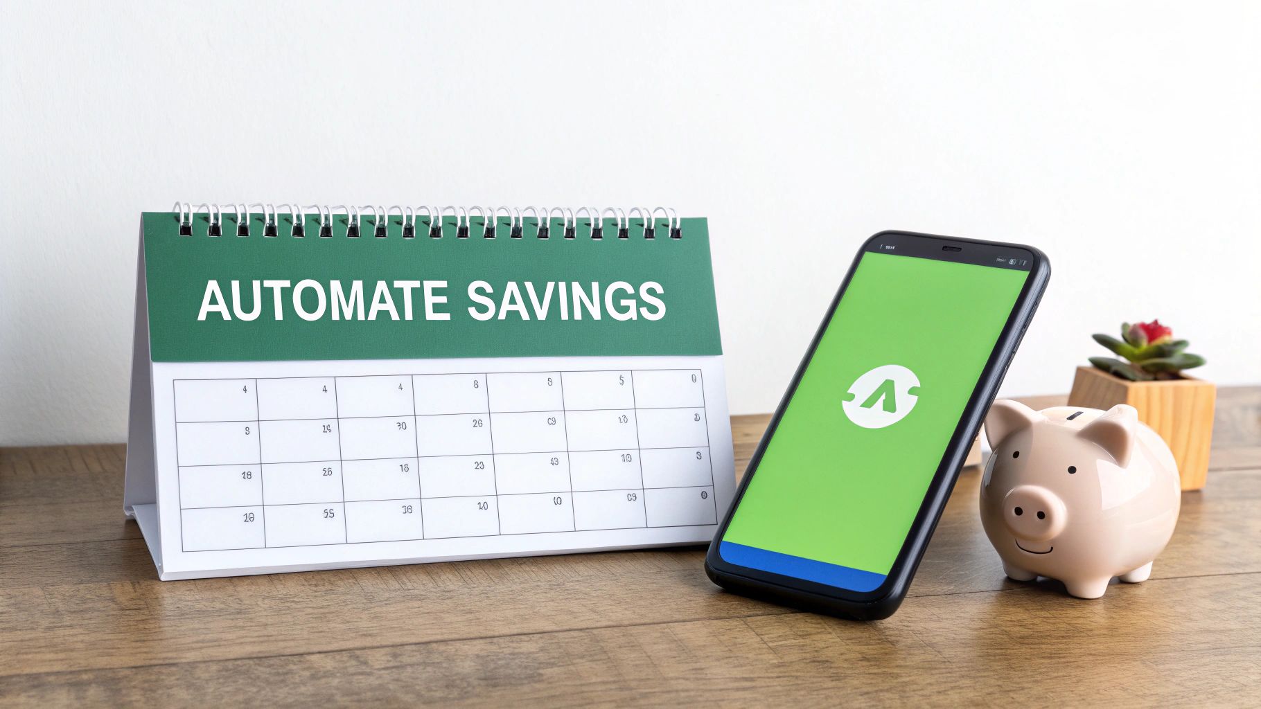 Smartphone with savings app next to calendar displaying automate savings text and piggy bank