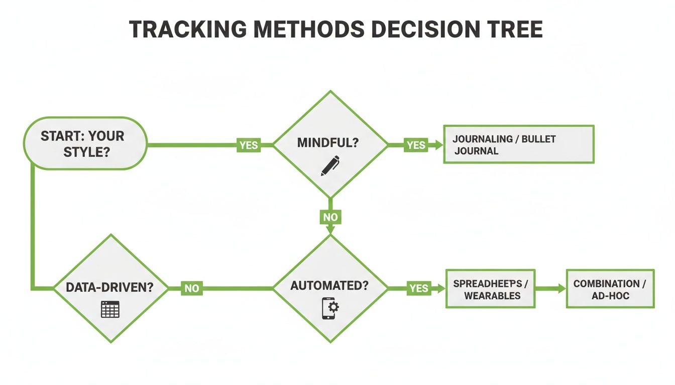 A flowchart outlining tracking method choices based on whether one prefers mindful, automated, or data-driven approaches.