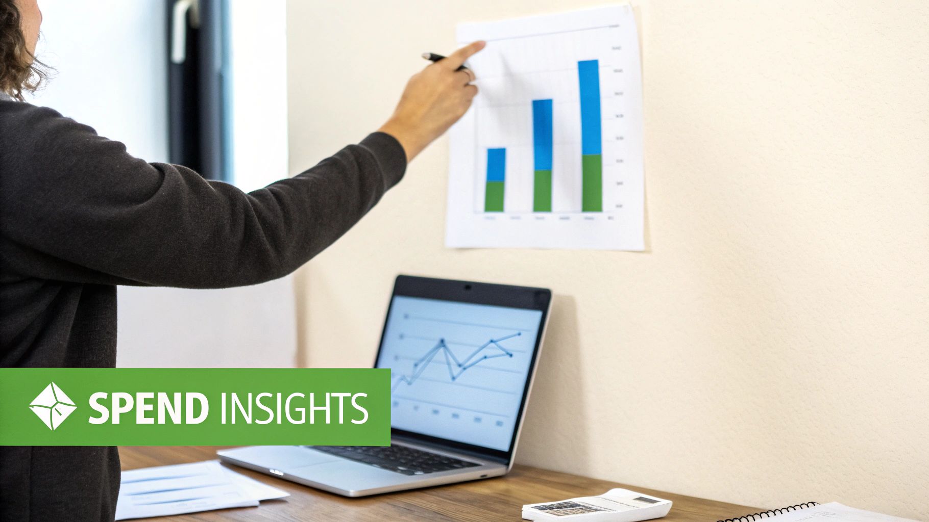 Person analyzing financial data from charts on a wall and laptop screen for business insights.