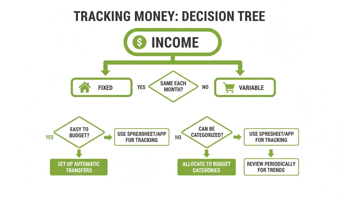 A money tracking decision tree flowchart showing how to manage fixed and variable income with budgeting tools.