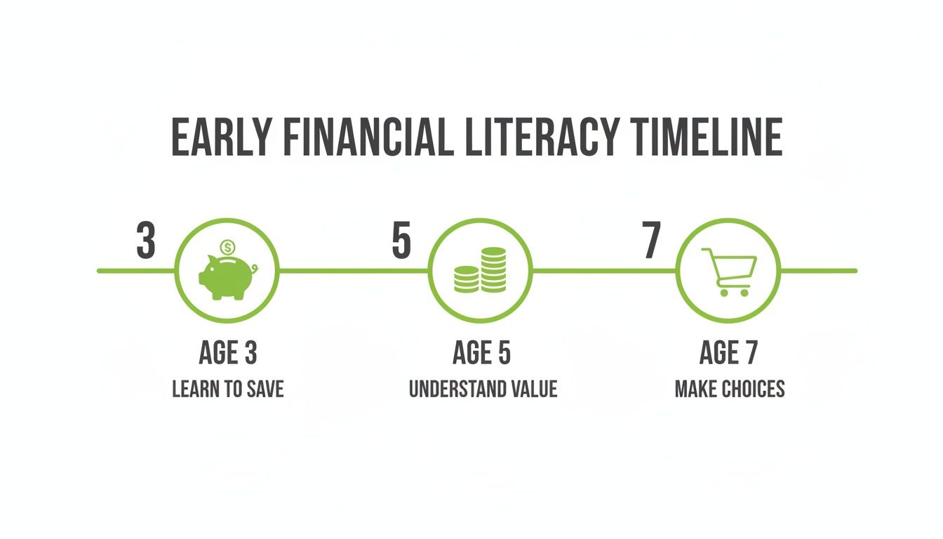 Early financial literacy timeline for kids: saving at age 3, understanding value at age 5, making choices at age 7.