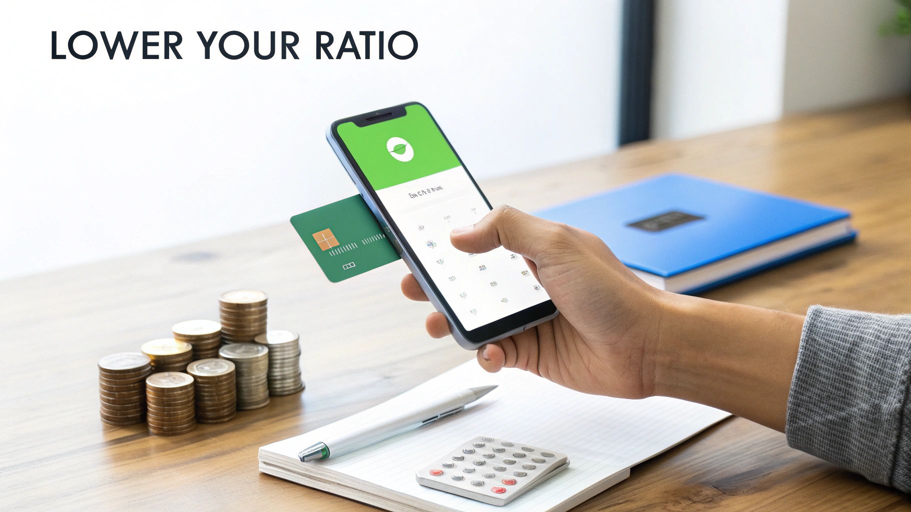 A person's hand using a smartphone with a financial app, a credit card, stacks of coins, and a calculator on a wooden desk.