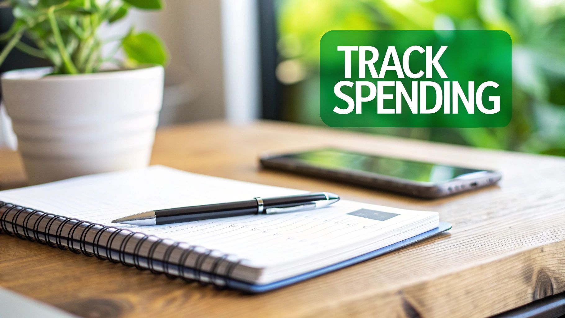 A desk setup with a notebook, pen, smartphone, and potted plant, featuring a 'TRACK SPENDING' graphic.