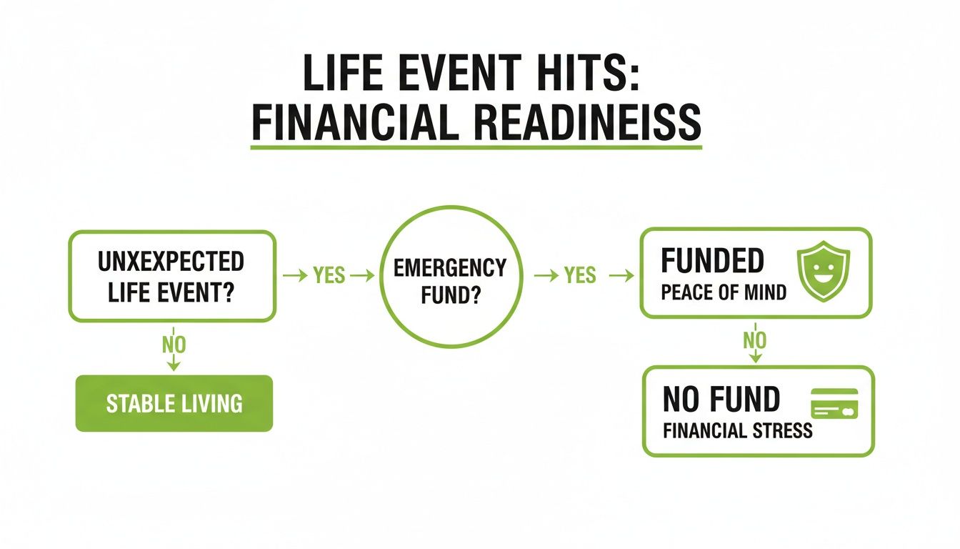 Flowchart illustrating financial readiness for unexpected life events, emphasizing the role of an emergency fund.