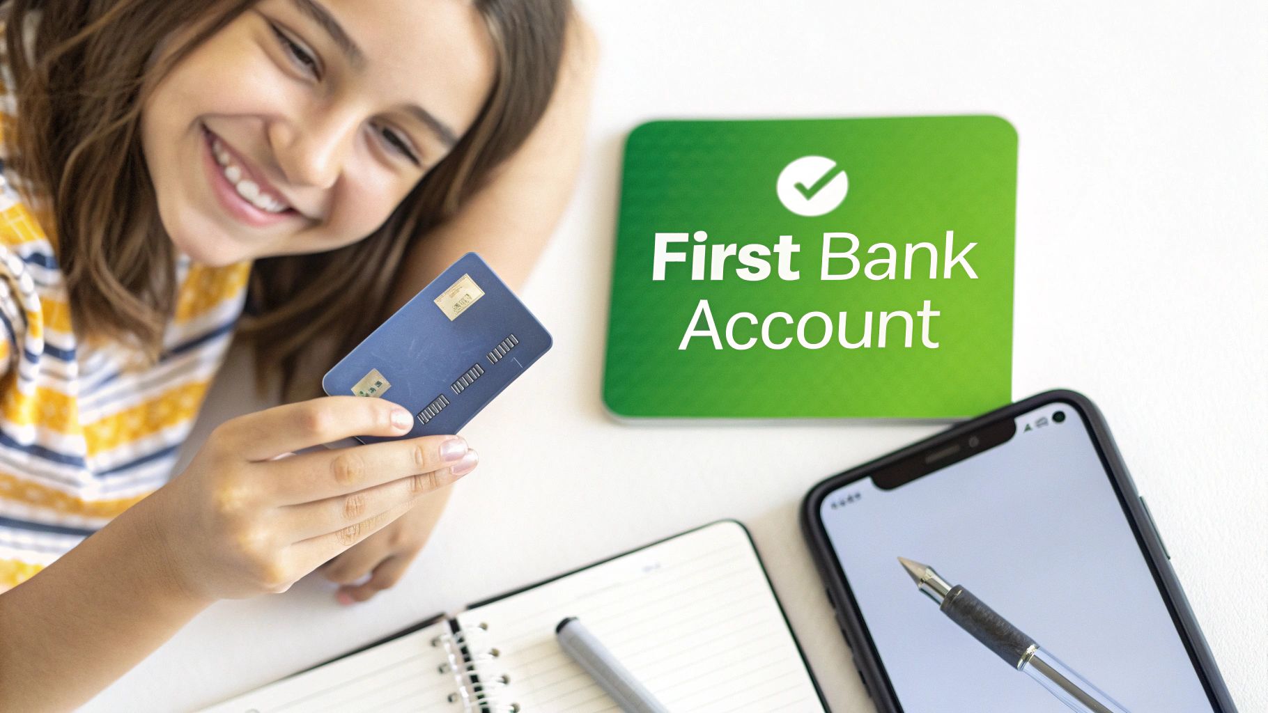 Smiling girl holds a blue bank card, with a 'First Bank Account' sign, notebook, and smartphone nearby.