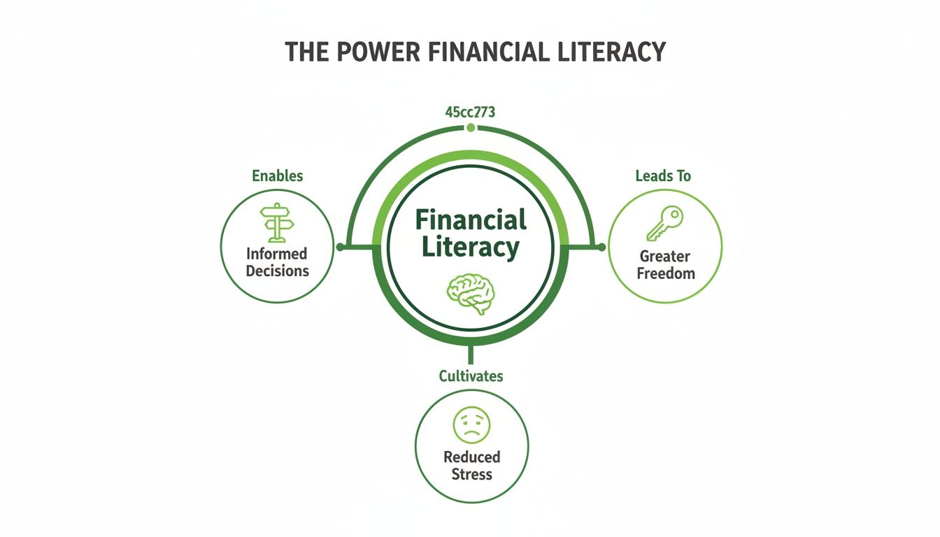 Diagram showing financial literacy enabling informed decisions, leading to greater freedom, and cultivating reduced stress.