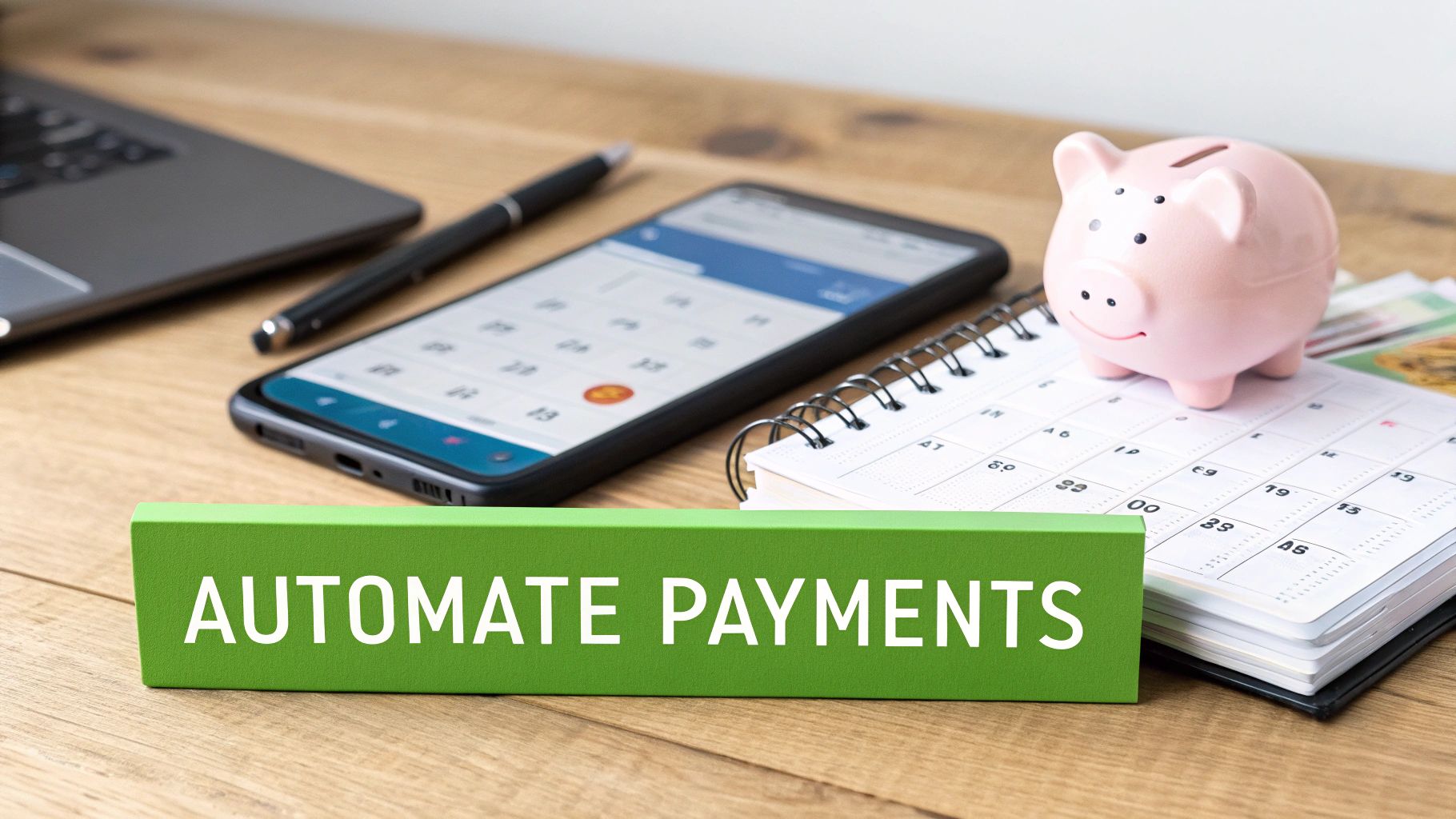 A desk setup with a smartphone, planner, piggy bank, and a green block saying 'Automate Payments'.