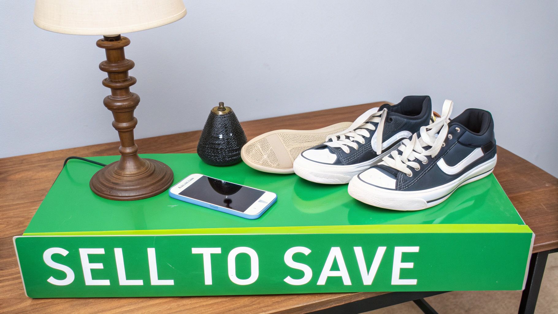 A 'SELL TO SAVE' sign on a green surface with a lamp, smartphone, and sneakers.