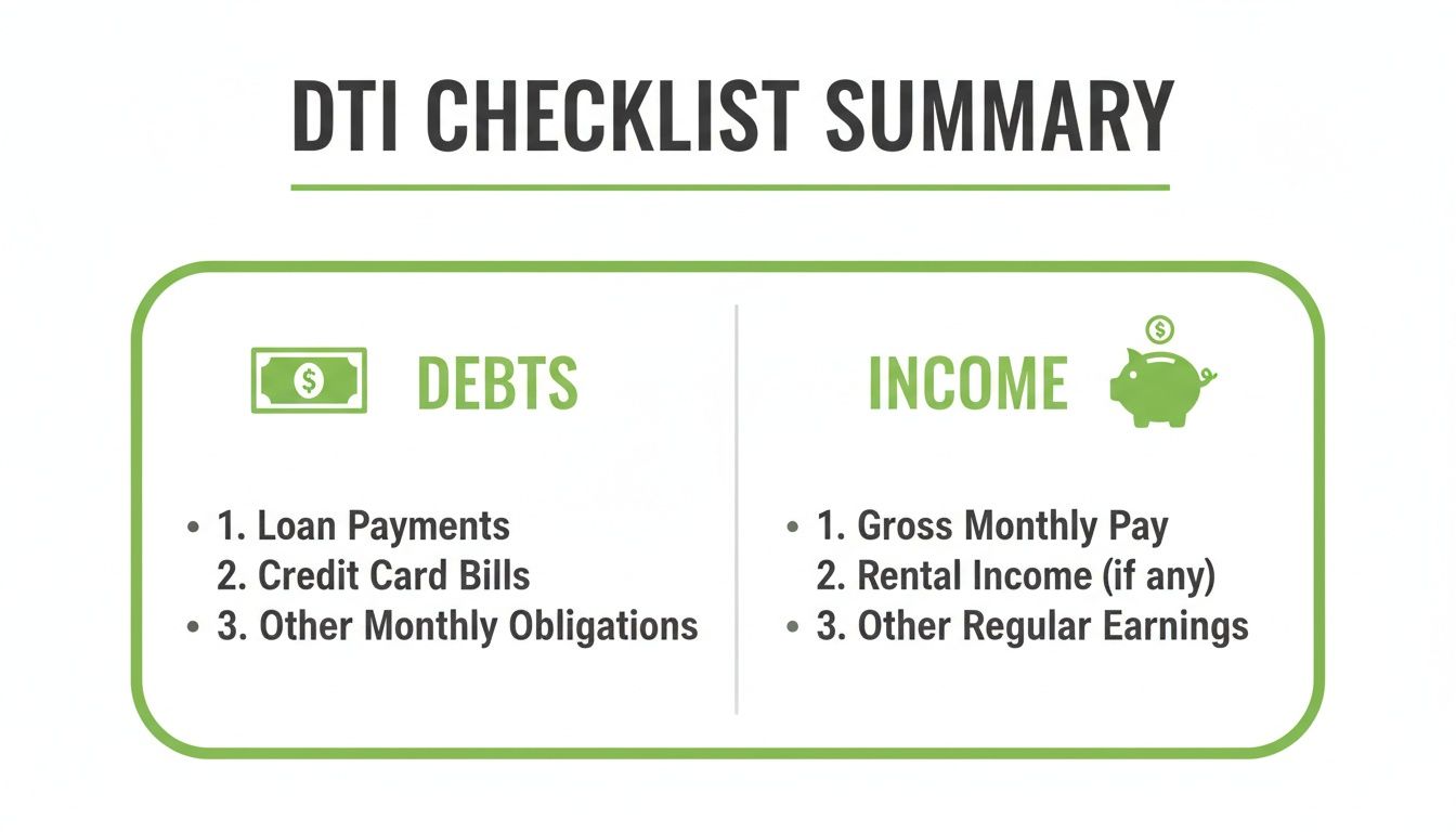 DTI Checklist Summary outlining categories for debts including loans and credit cards, and income like gross pay and rental earnings.