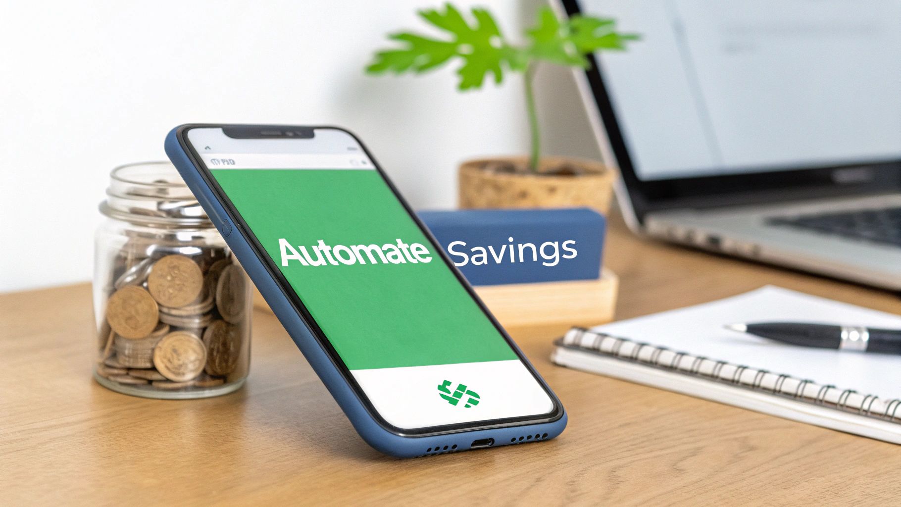 Smartphone showing 'Automate Savings' app, with a jar of coins, laptop, and notebook on a desk.