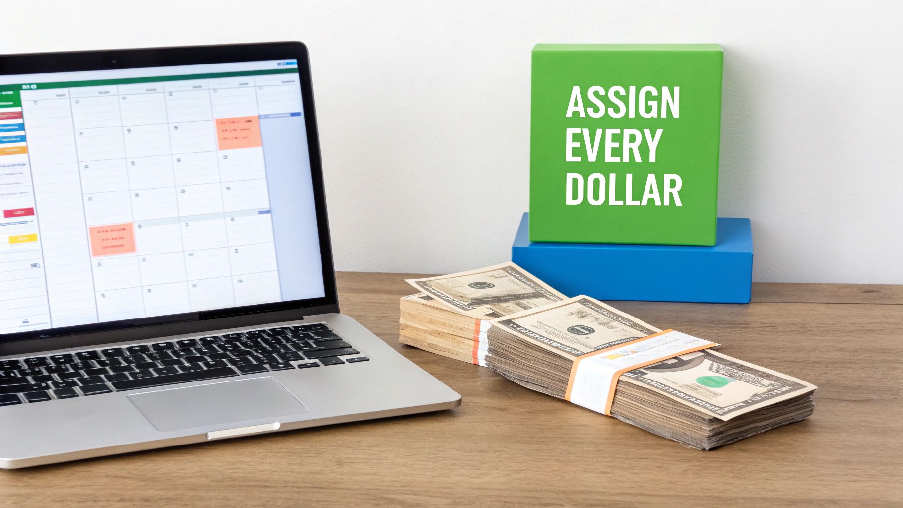 Laptop with calendar and stacks of money next to a box saying 'ASSIGN EVERY DOLLAR', for financial planning.