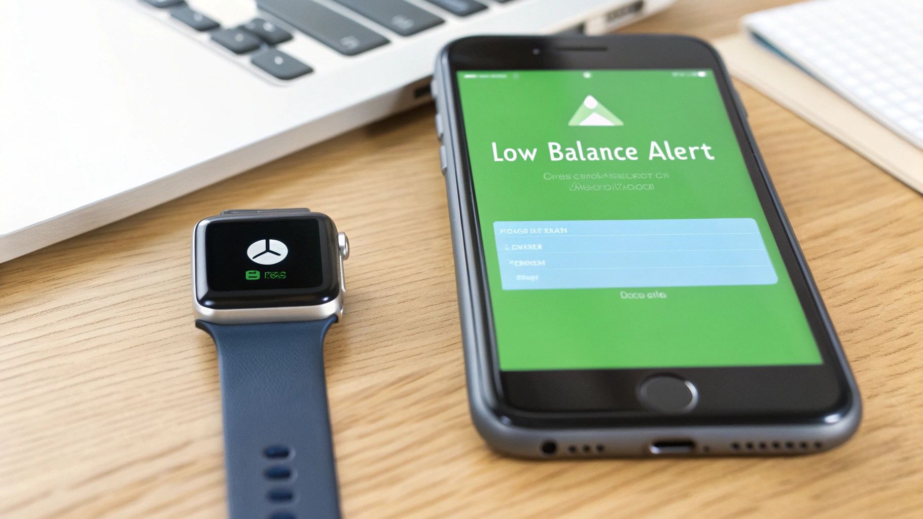 An iPhone displaying a 'Low Balance Alert' next to an Apple Watch on a wooden desk with a laptop.
