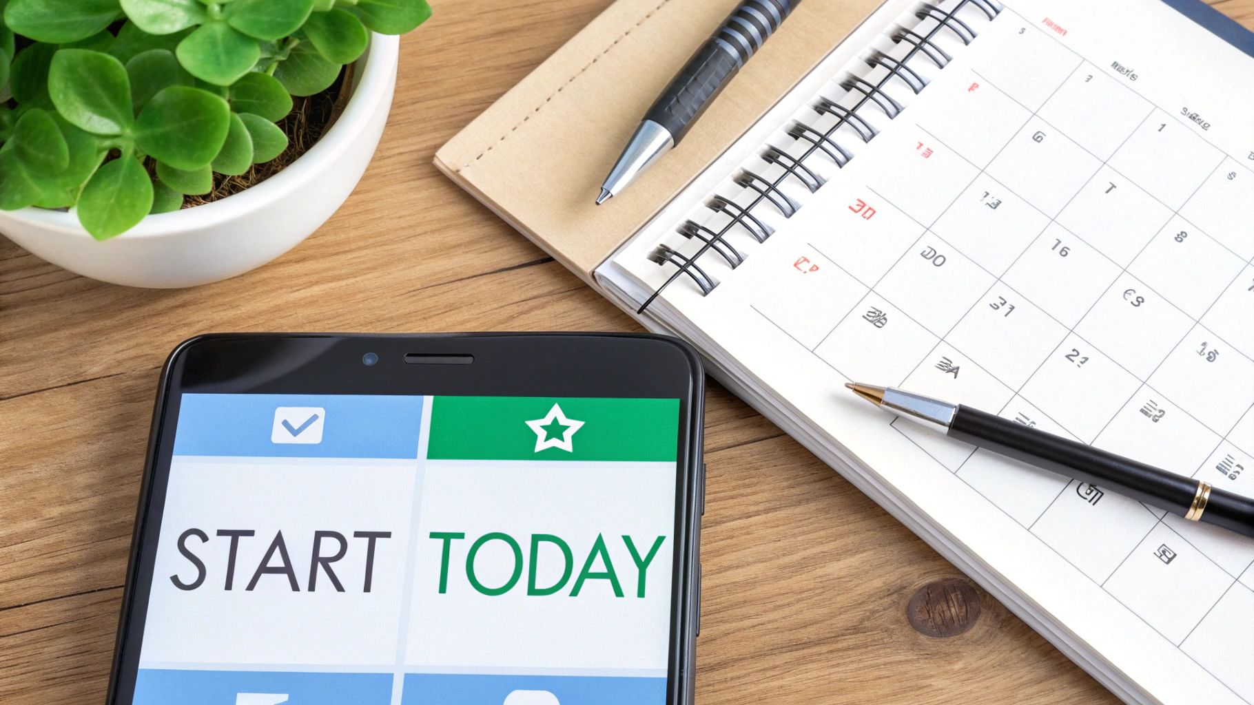 A smartphone displaying 'START TODAY' next to a calendar, pen, and a small plant on a wooden desk.