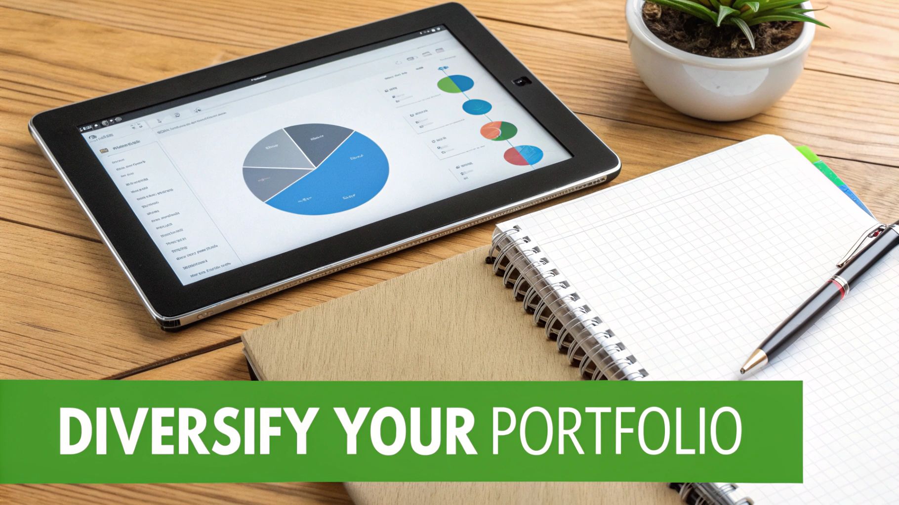 A tablet displaying investment portfolio diversification charts next to a notebook and pen.