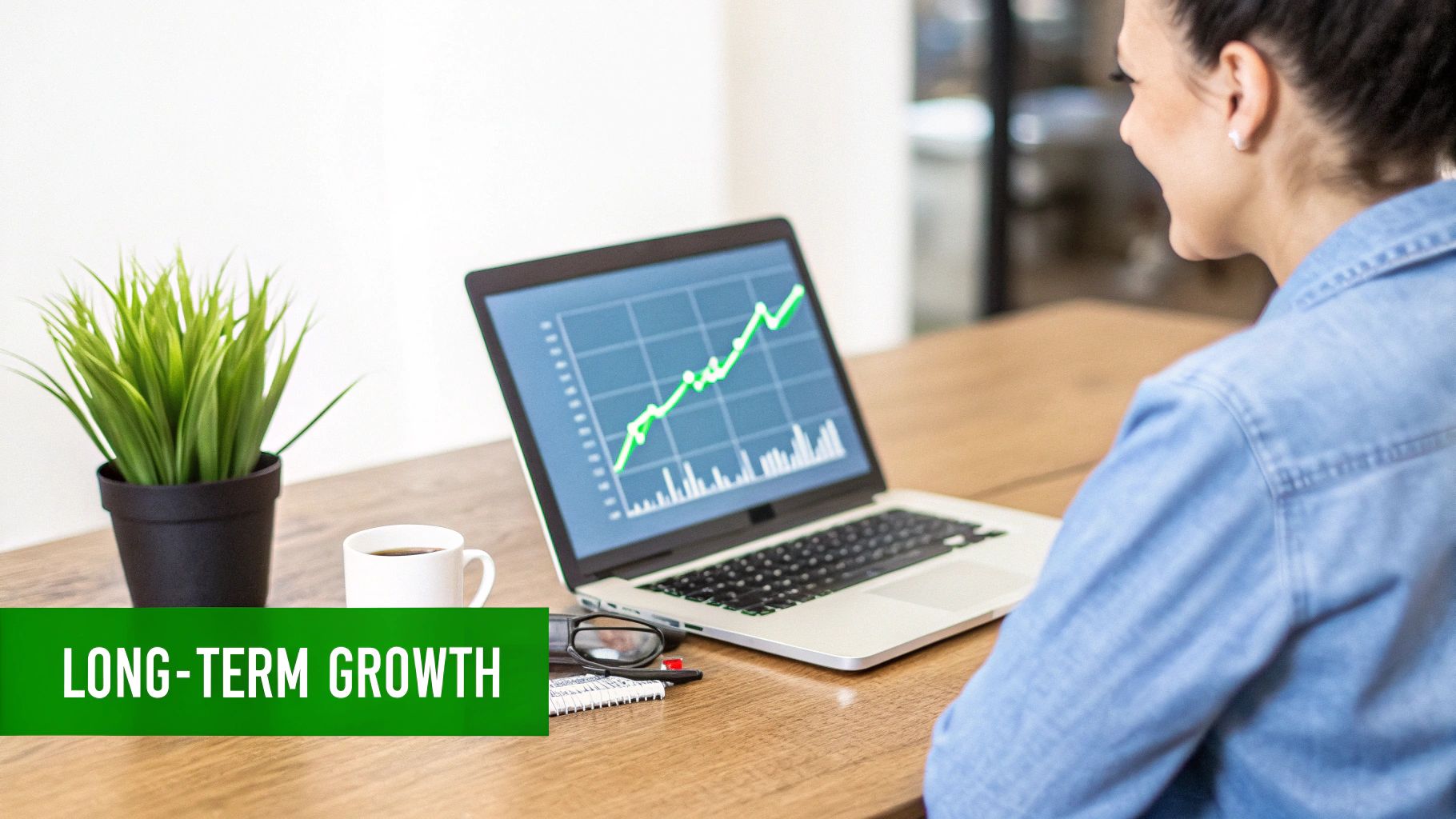 A person views a laptop displaying an upward-trending green growth chart with a 'LONG-TERM GROWTH' banner.